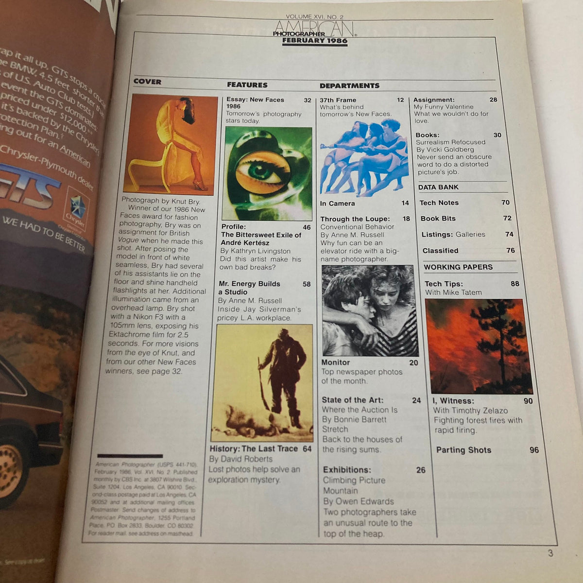 Contents page of American Photographer Magazine February 1986 detailing features and articles including New Faces 1986 and In Camera.