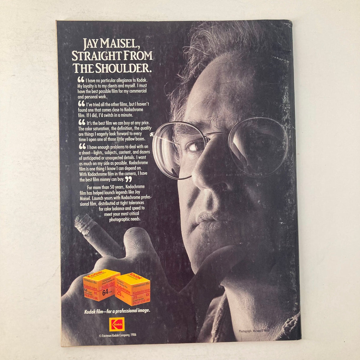 Back cover of American Photographer Magazine June 1986 featuring an advertisement for Kodak film highlighting Jay Maisel, a renowned photographer.