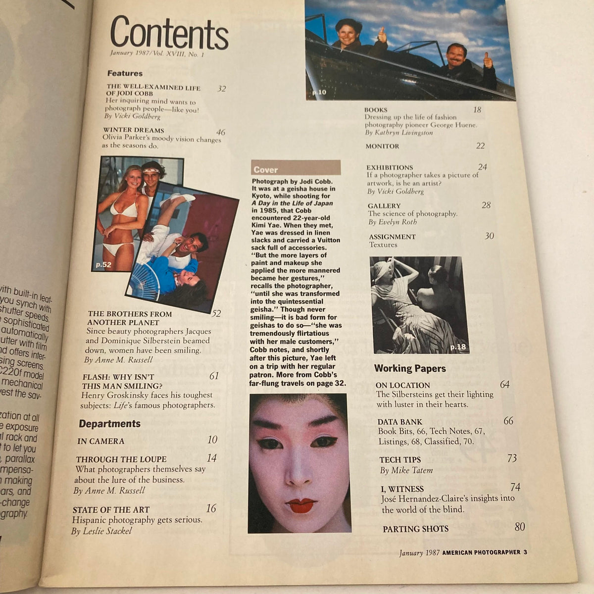 Contents page of American Photographer Magazine January 1987, listing articles including cover photo by Jodi Cobb, showcasing photography themes and topics of the time.
