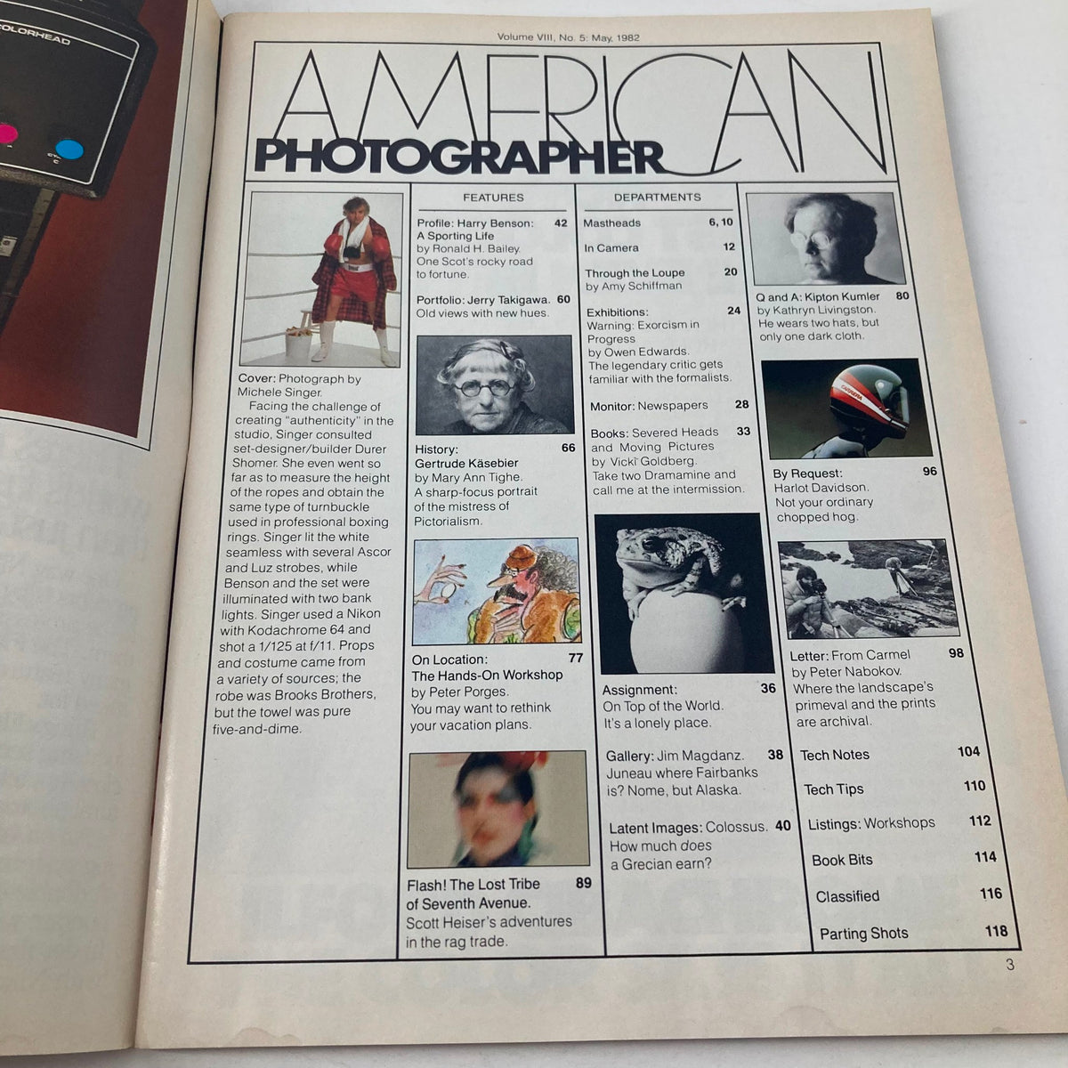 Inside page of American Photographer Magazine May 1982 displaying the table of contents, highlighting features including an article on Harry Benson and photography techniques.
