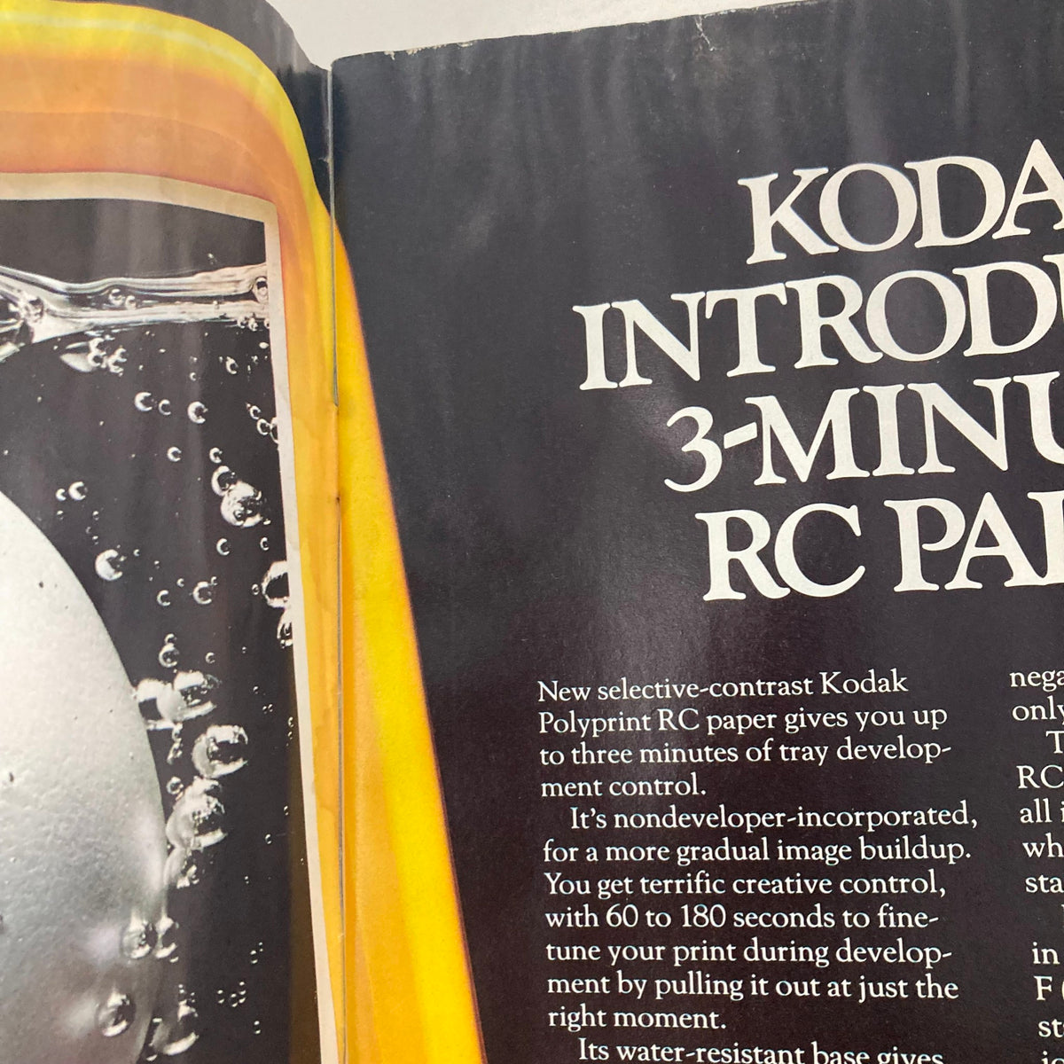 Inside page of American Photographer Magazine February 1985 highlighting Kodak's new 3-Minute RC Paper for photography.