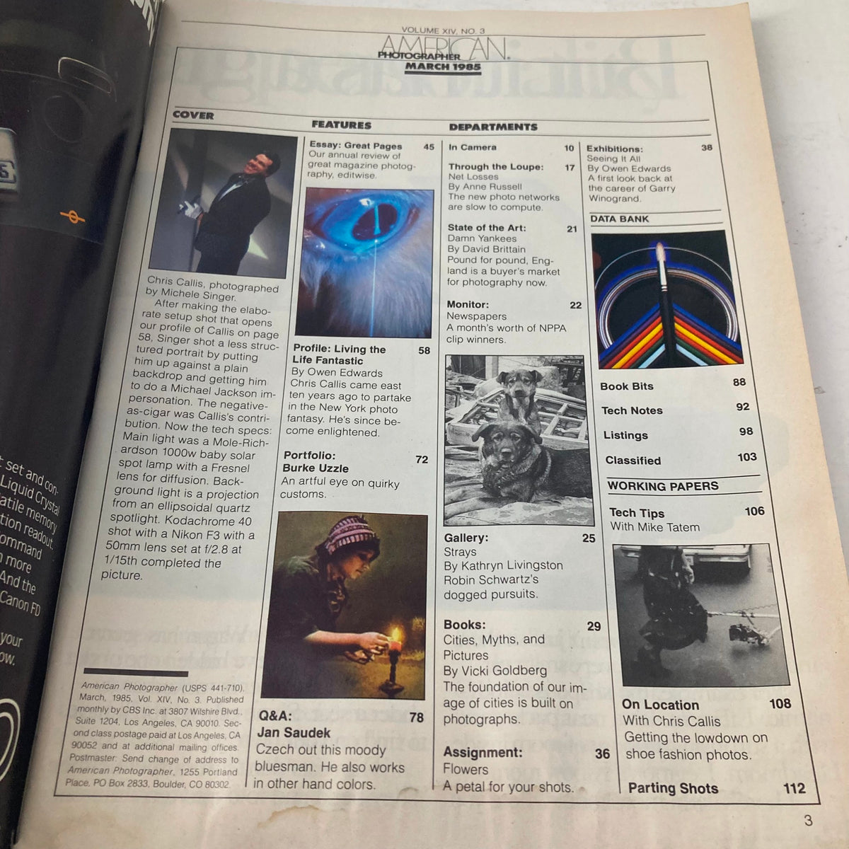 Interior page from American Photographer Magazine March 1985, highlighting articles, features, and a profile on Chris Callis.