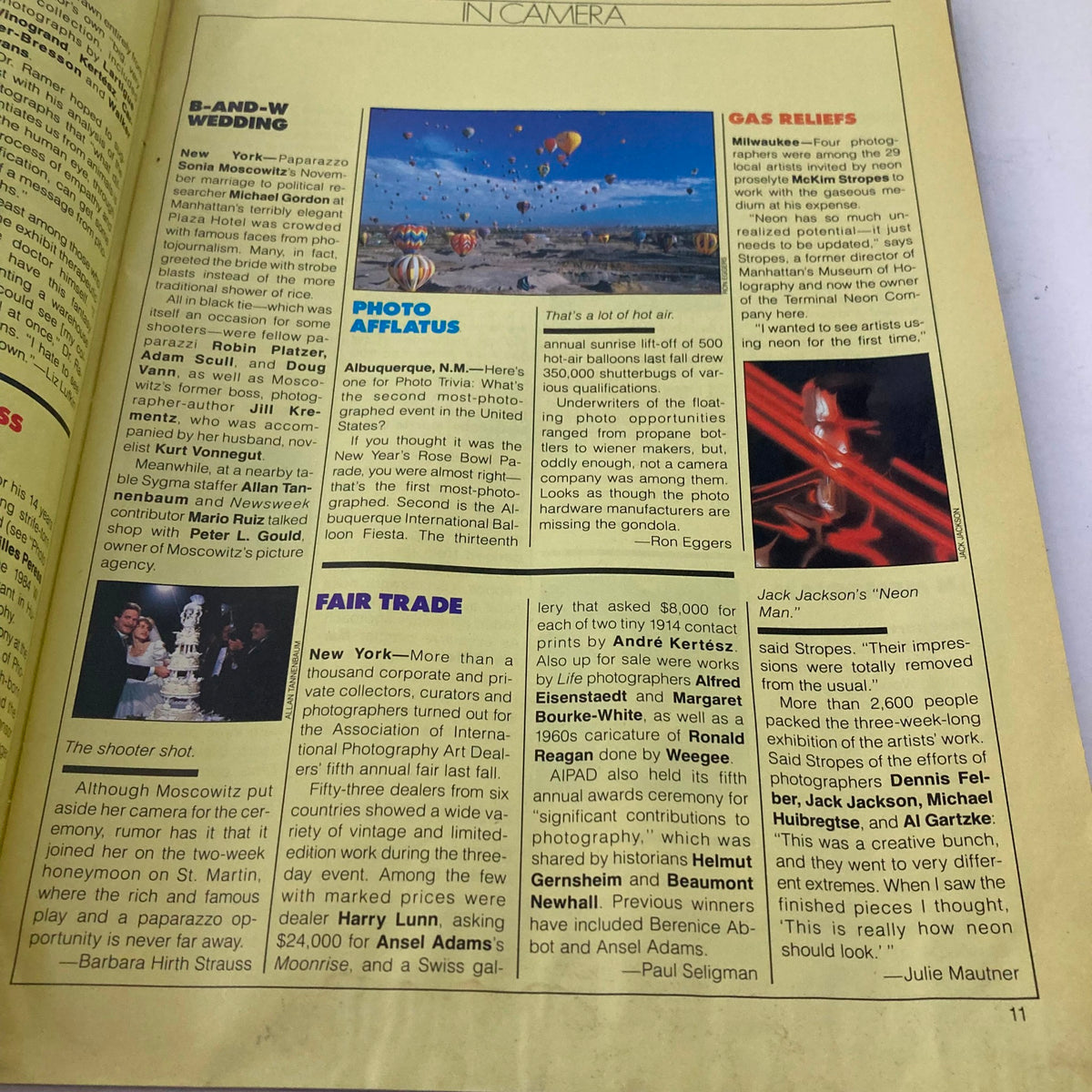 Another page from American Photographer Magazine January 1985 detailing 'B-and-W Wedding' and 'Fair Trade' sections with highlighted photography articles.