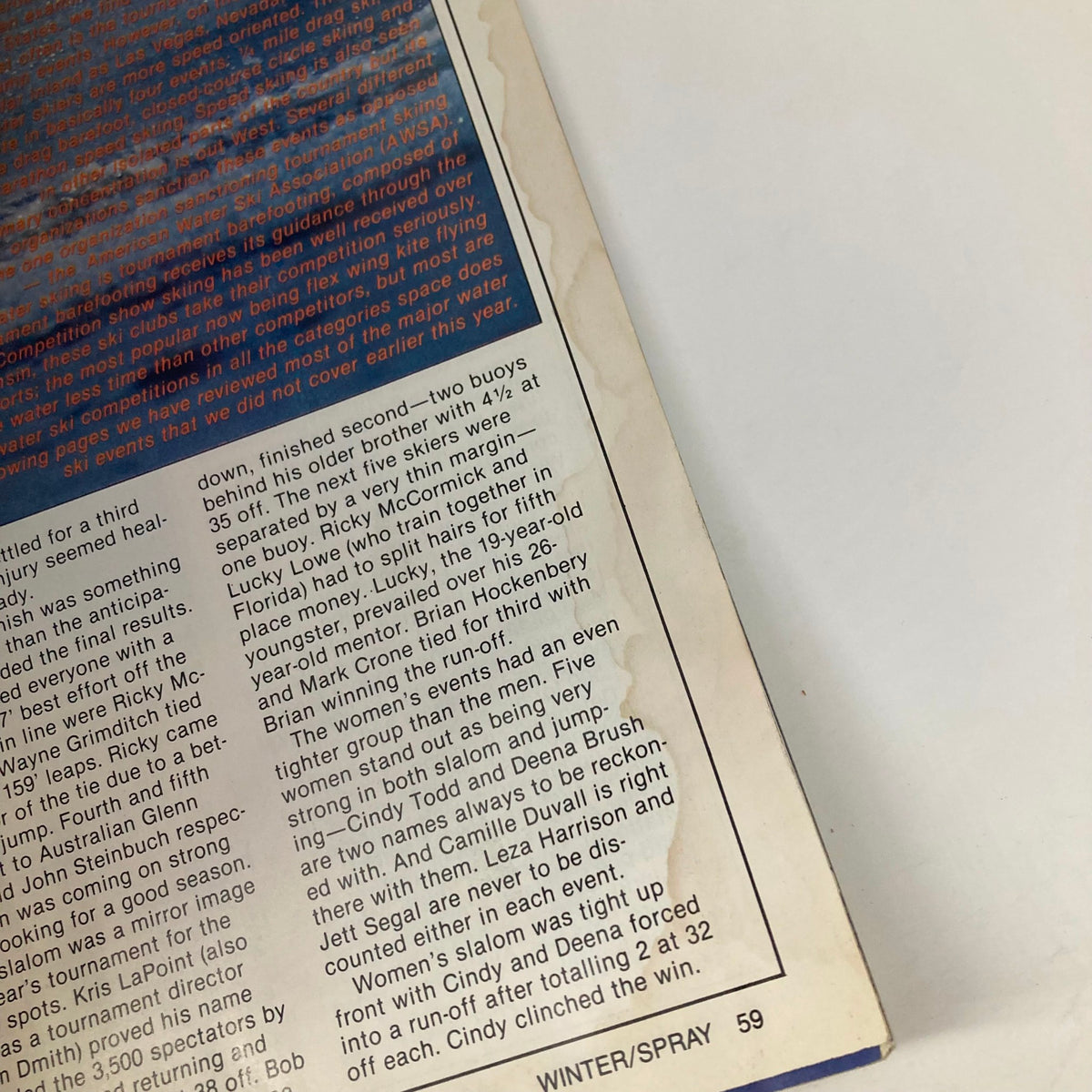 Interior page of Spray's Water Ski Magazine, Fall 1980, Vol 4 No. 7, showing text and images related to water skiing competitions.