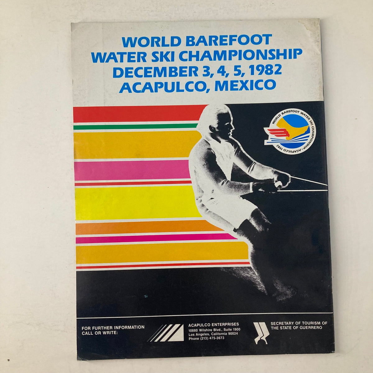 Cover of the World Barefoot Water Ski Championship magazine from December 3-5, 1982, showcasing a water skier and vibrant graphics, related to Spray's Water Ski Magazine July 1982 Vol 6 No. 6 Camille Duvall.