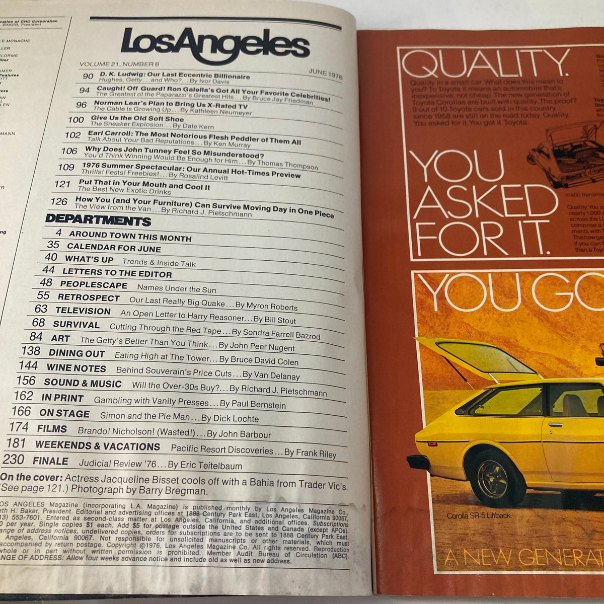 Table of contents from June 1976 Los Angeles Magazine showcasing various articles and features, including a nod to Jacqueline Bisset.