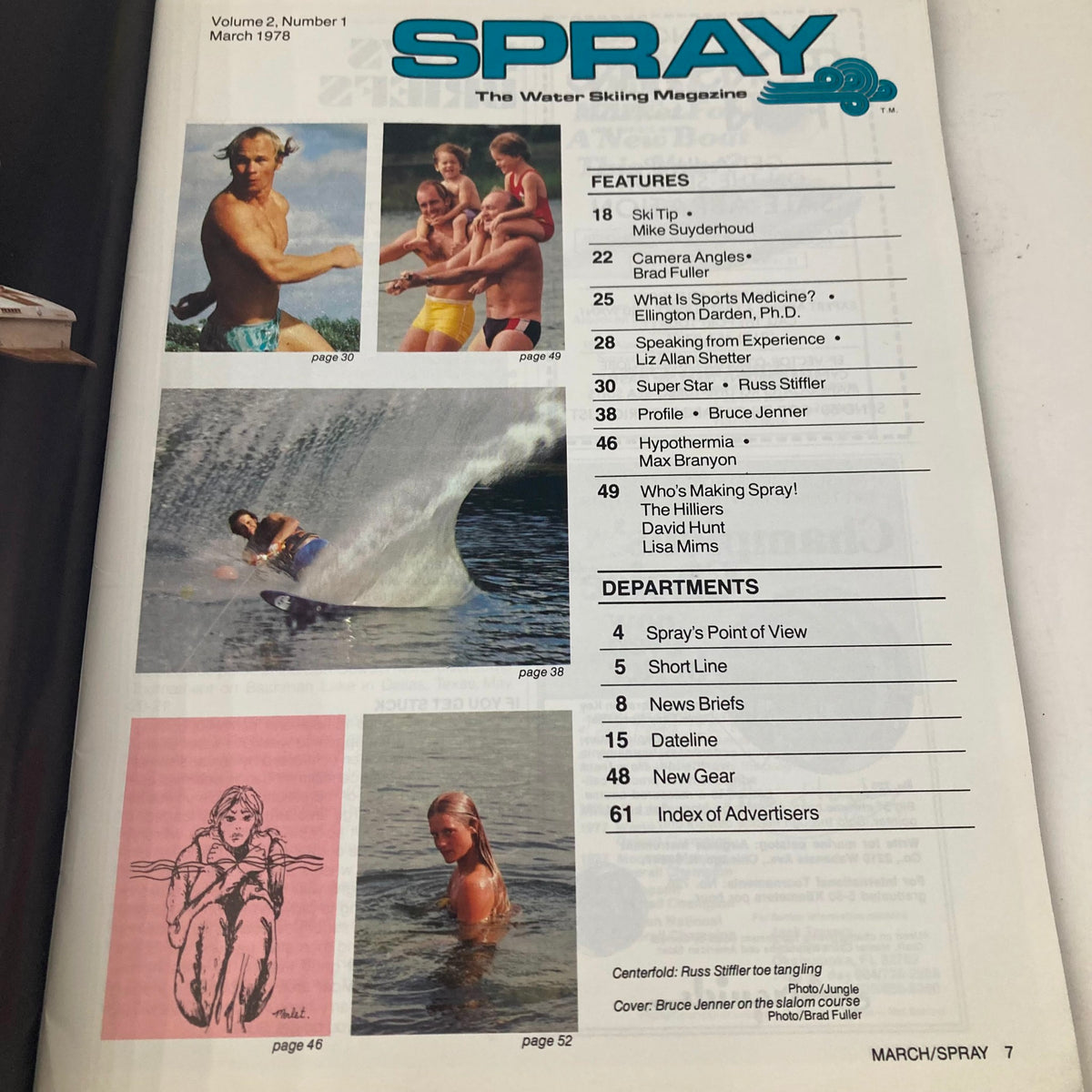 Inside page of Spray The Waterskiing Magazine March 1978 displaying features including articles on water skiing, a profile of Bruce Jenner, and images related to water skiing activities.