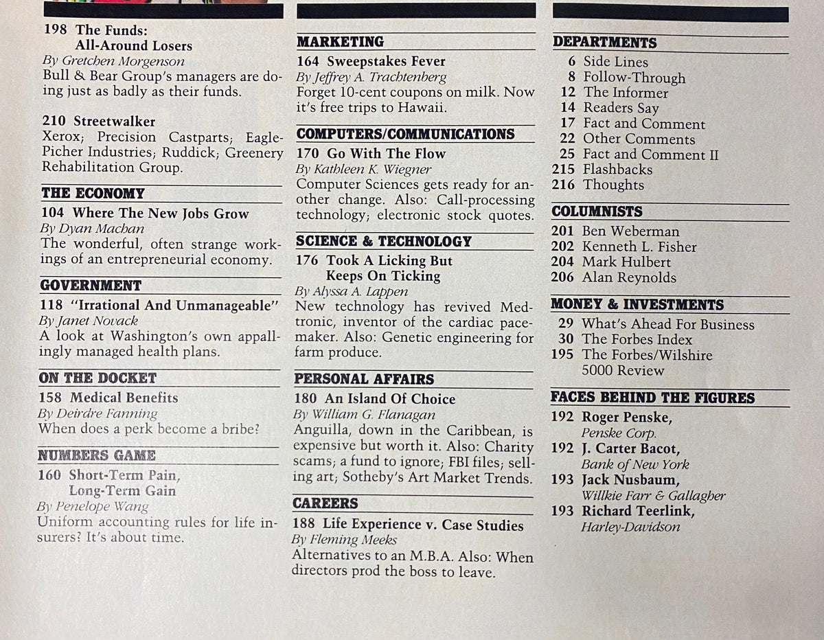 Interior page from Forbes Magazine October 3, 1988 listing economic trends, important company profiles, and an article focused on investing.