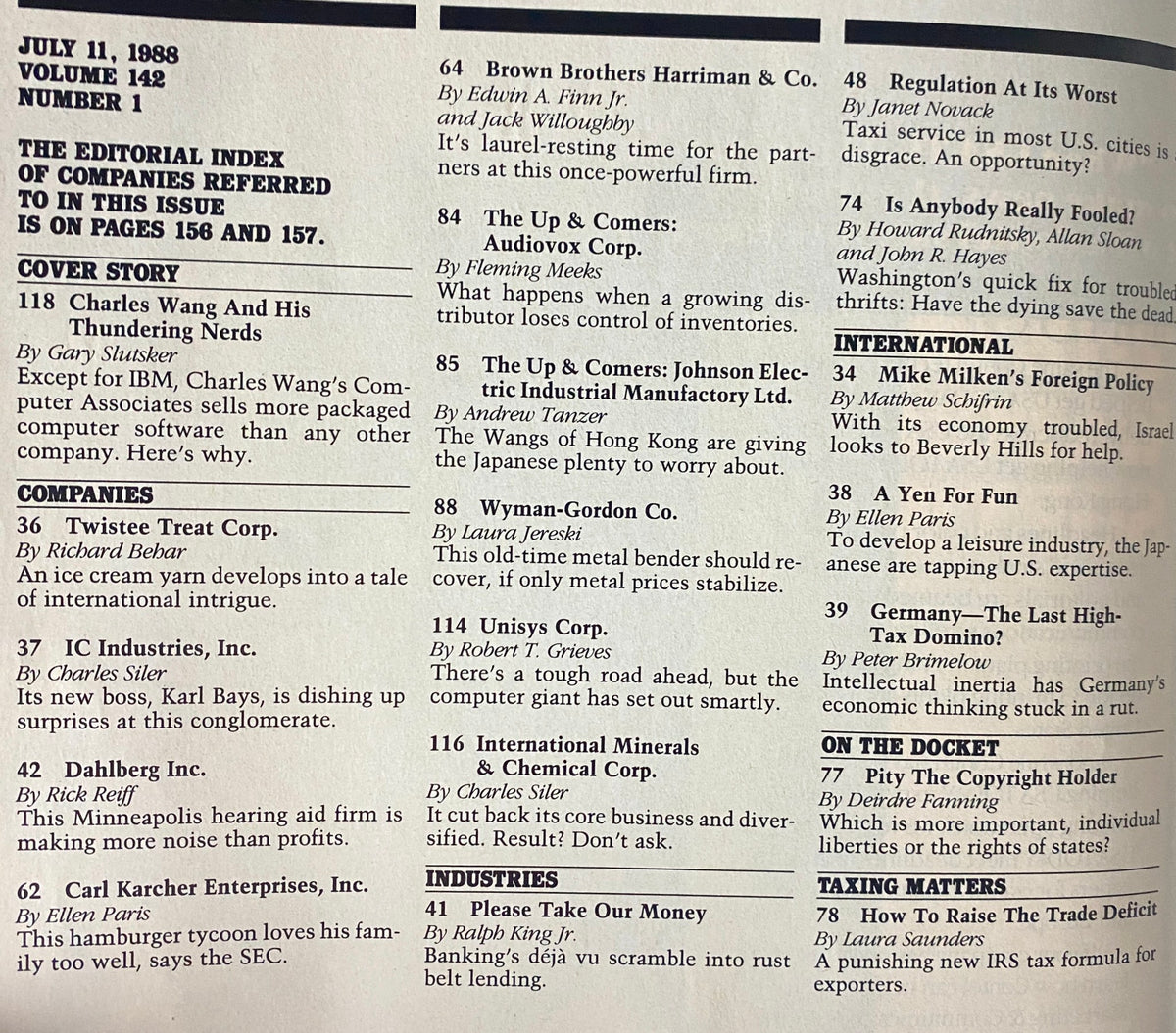 Editorial index page from Forbes Magazine July 11, 1988, including references and articles related to Charles Wang and his impact on the software industry, along with mentions of various companies.