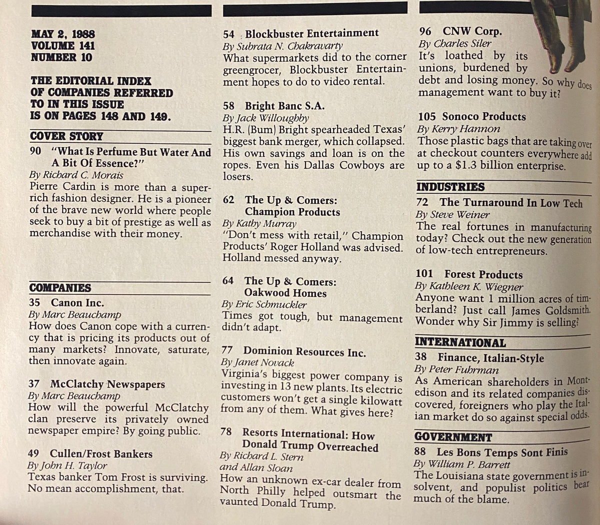 Editorial index page from Forbes Magazine May 2, 1988, detailing featured companies and articles including Blockbuster Entertainment.