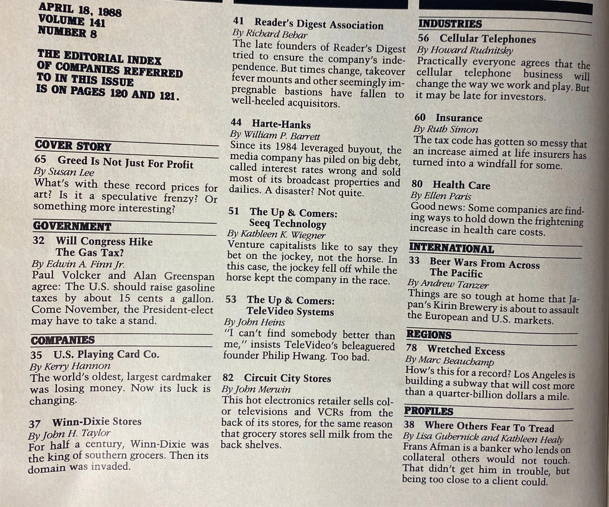 Table of contents for Forbes Magazine dated April 18, 1988, highlighting key articles including 'Greed is Not Just For Profit' and various topics related to finance and government.