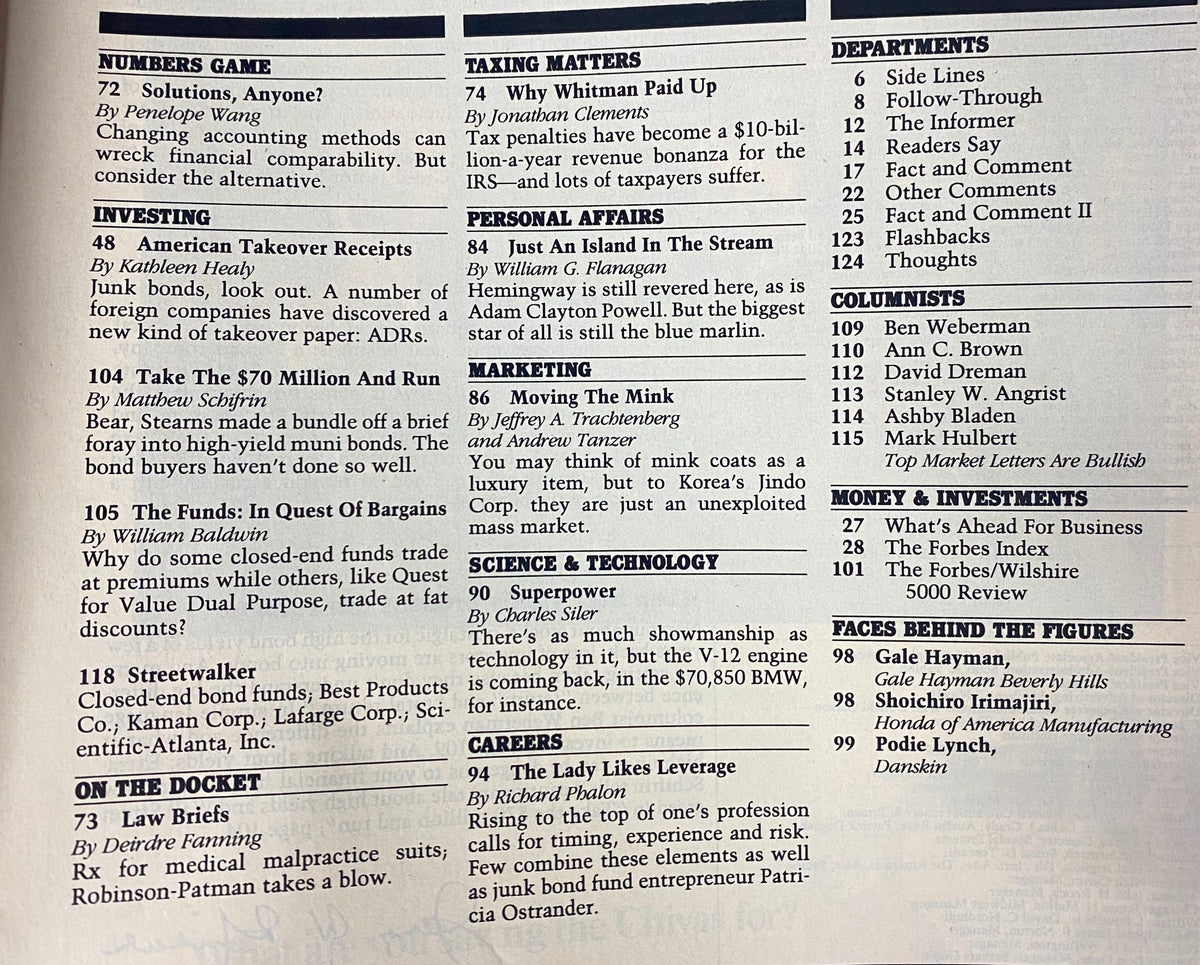 Table of contents from Forbes Magazine April 18, 1988, featuring articles on investing, marketing, science, and careers.