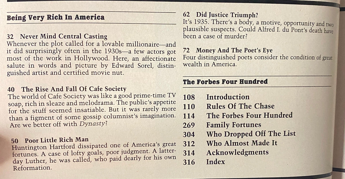Table of contents from Forbes Magazine 1985: The Richest People in America Special Edition, highlighting key articles and features.