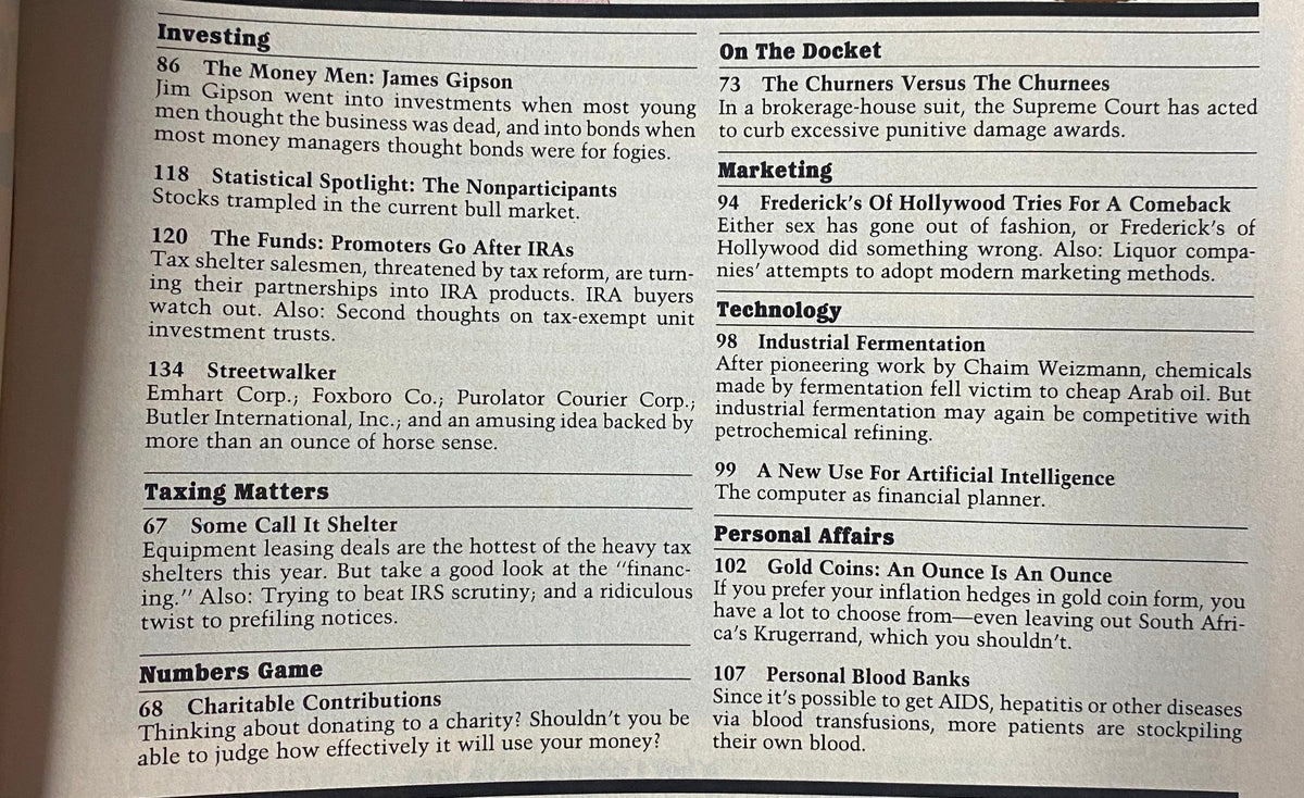 Another editorial index page from Forbes Magazine December 30, 1985 detailing investment topics and companies discussed in the issue.