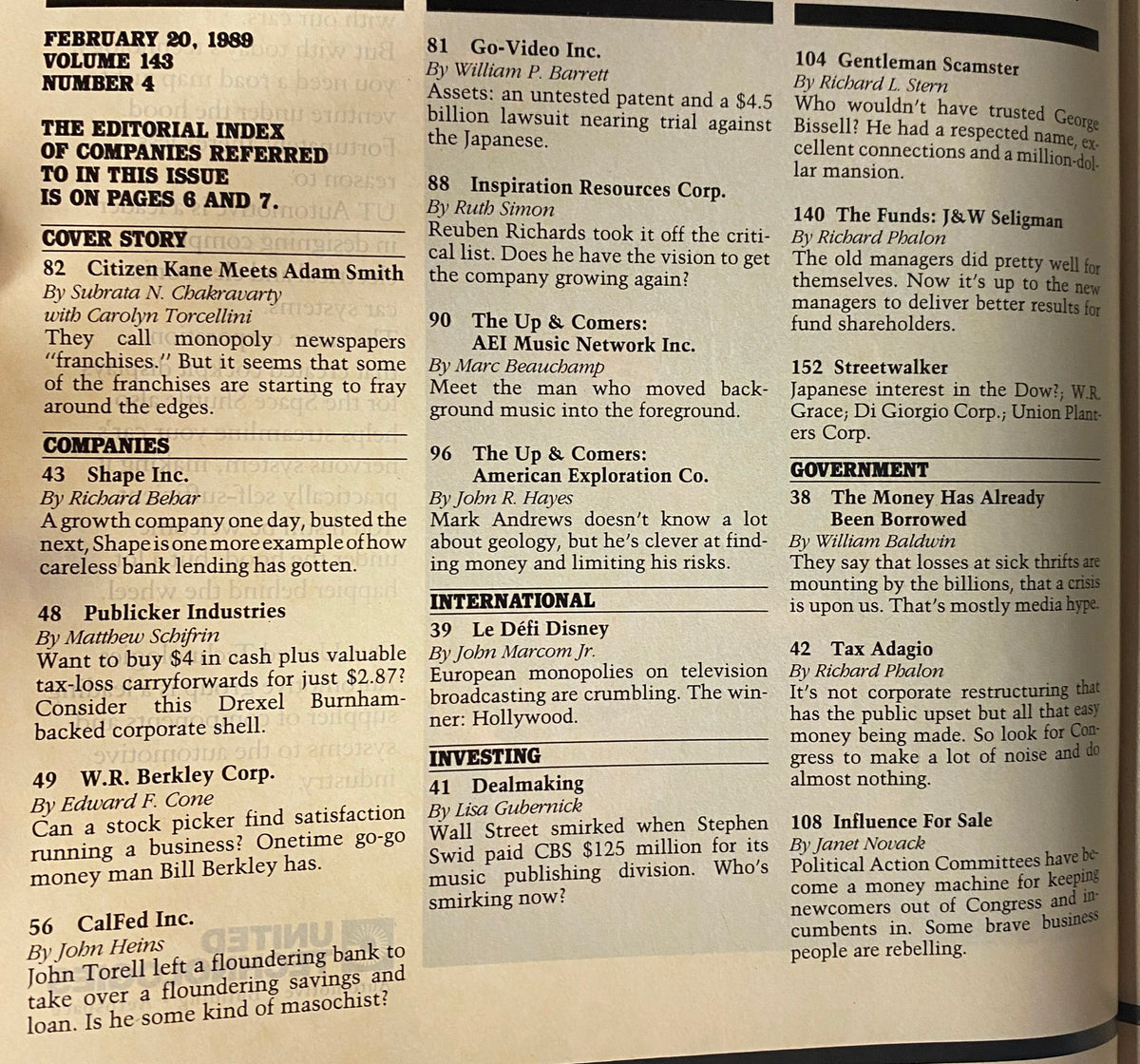Table of contents from Forbes Magazine February 20, 1989, listing the editorial index and cover story 'Citizen Kane Meets Adam Smith' alongside various company analyses.