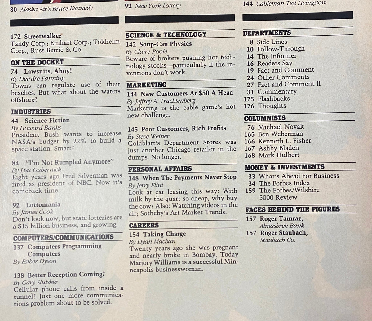 Index page of Forbes Magazine March 6, 1989 highlighting articles related to various companies, including Walt Disney Co. and Alaska Air Group.