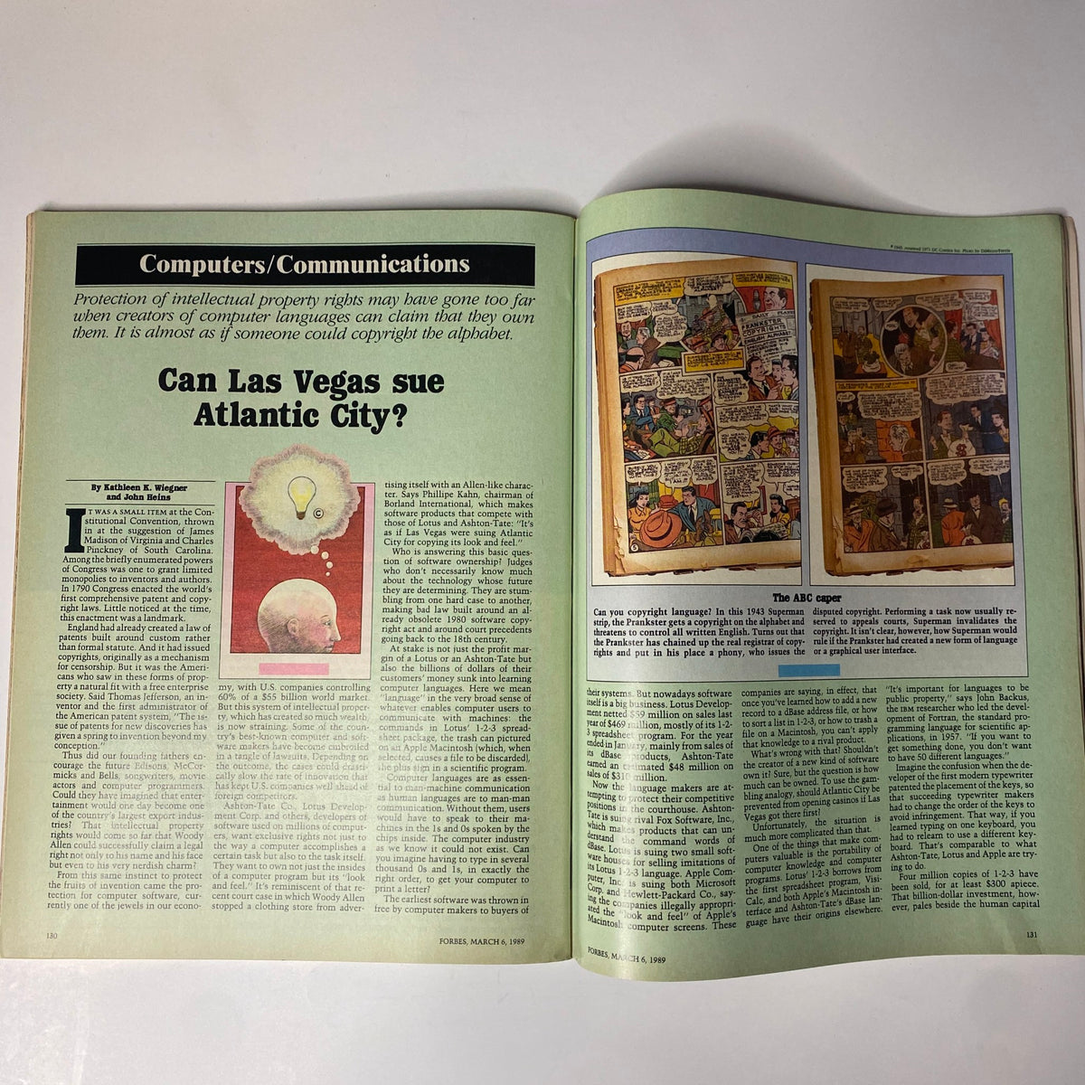 Interior spread of Forbes Magazine March 6, 1989 featuring the cover story 'Can Las Vegas Sue Atlantic City?' discussing the complexities of intellectual property.