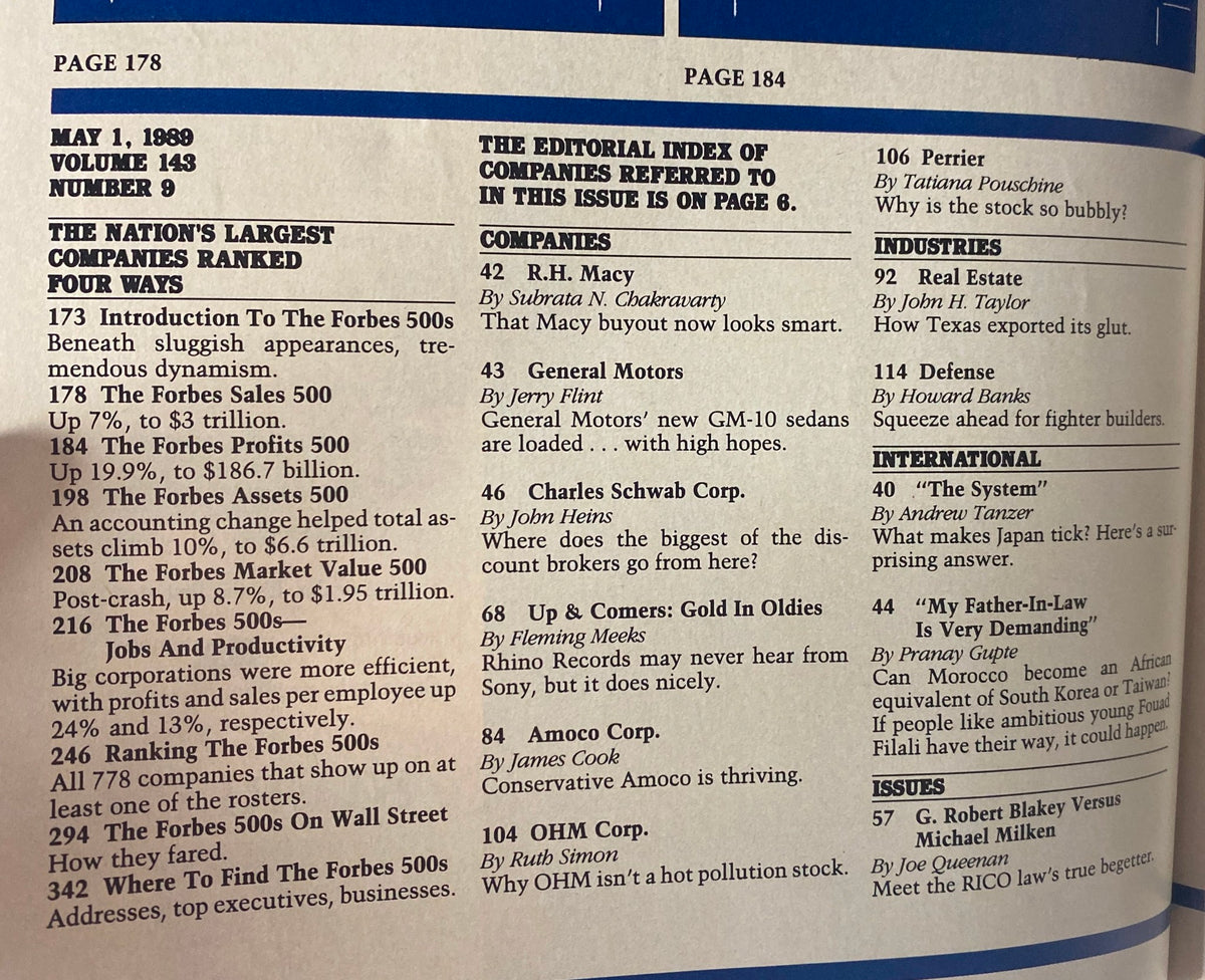 Page 178 of Forbes Magazine, May 1, 1989, highlighting the nation's largest companies ranked four ways, including The Forbes Sales 500 and The Forbes Profits 500.