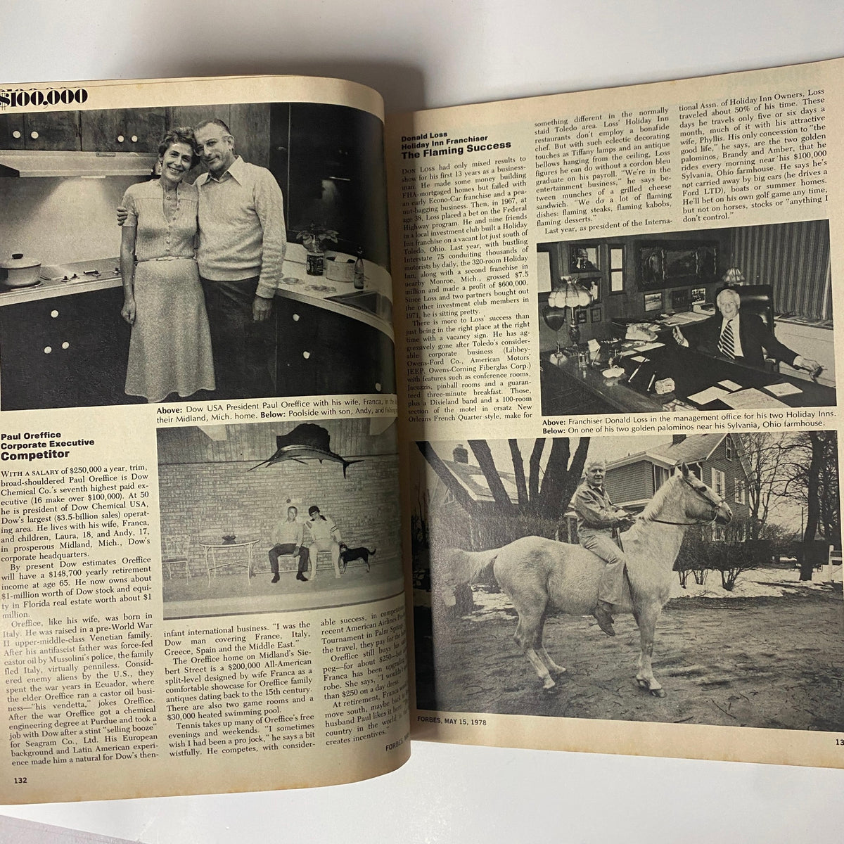 An article spread from Forbes Magazine May 15, 1978 featuring corporate executive Paul Orifice and Donald Loss, discussing their roles and contributions in business.