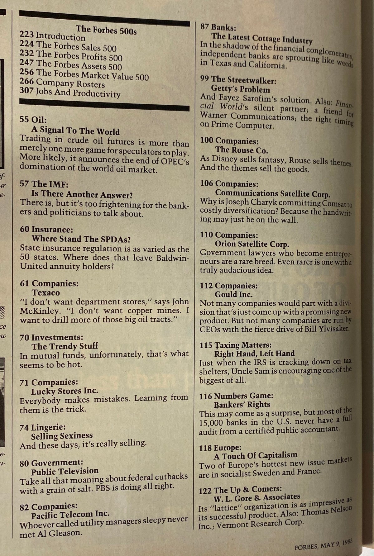 Interior page of Forbes Magazine from May 9, 1983, showcasing the table of contents, which lists articles related to the Forbes 500s rankings, investment trends, and notable companies.