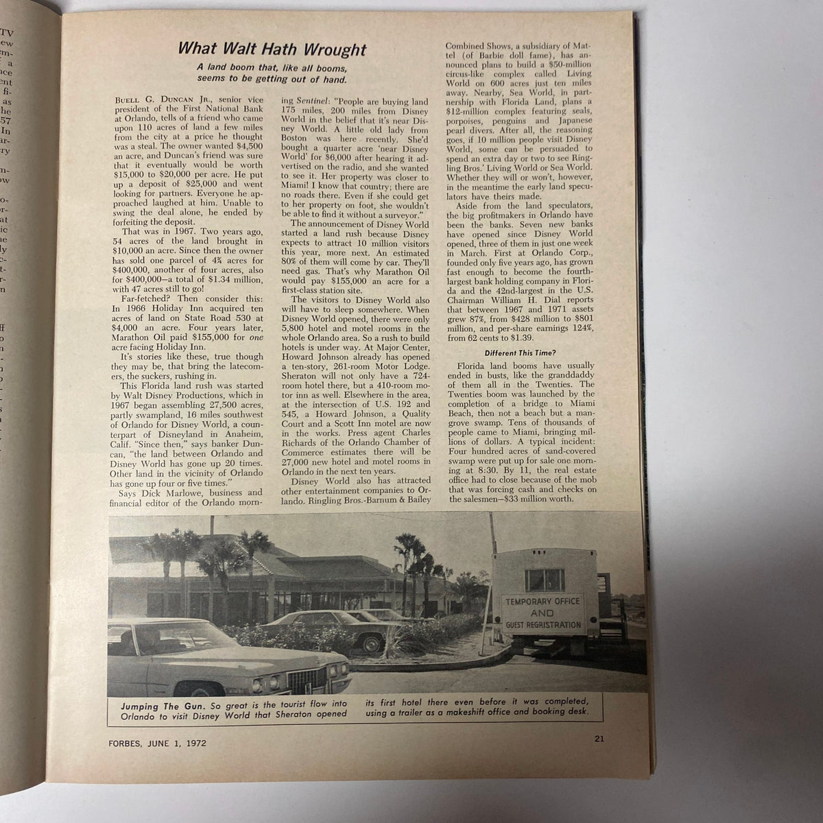 An article titled 'What Walt Hath Wrought' discussing the Florida Real Estate Boom, from Forbes Magazine, June 1, 1972.