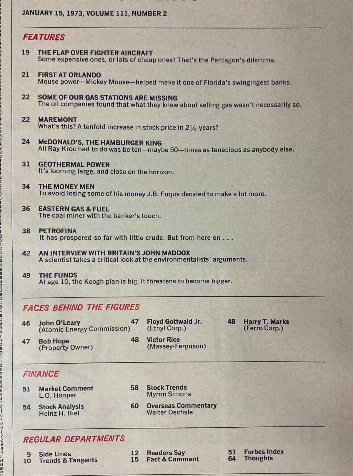 Table of contents from Forbes Magazine January 15, 1973, highlighting key features such as an article on McDonald's Hamburglar and the economic trends of the 1970s.