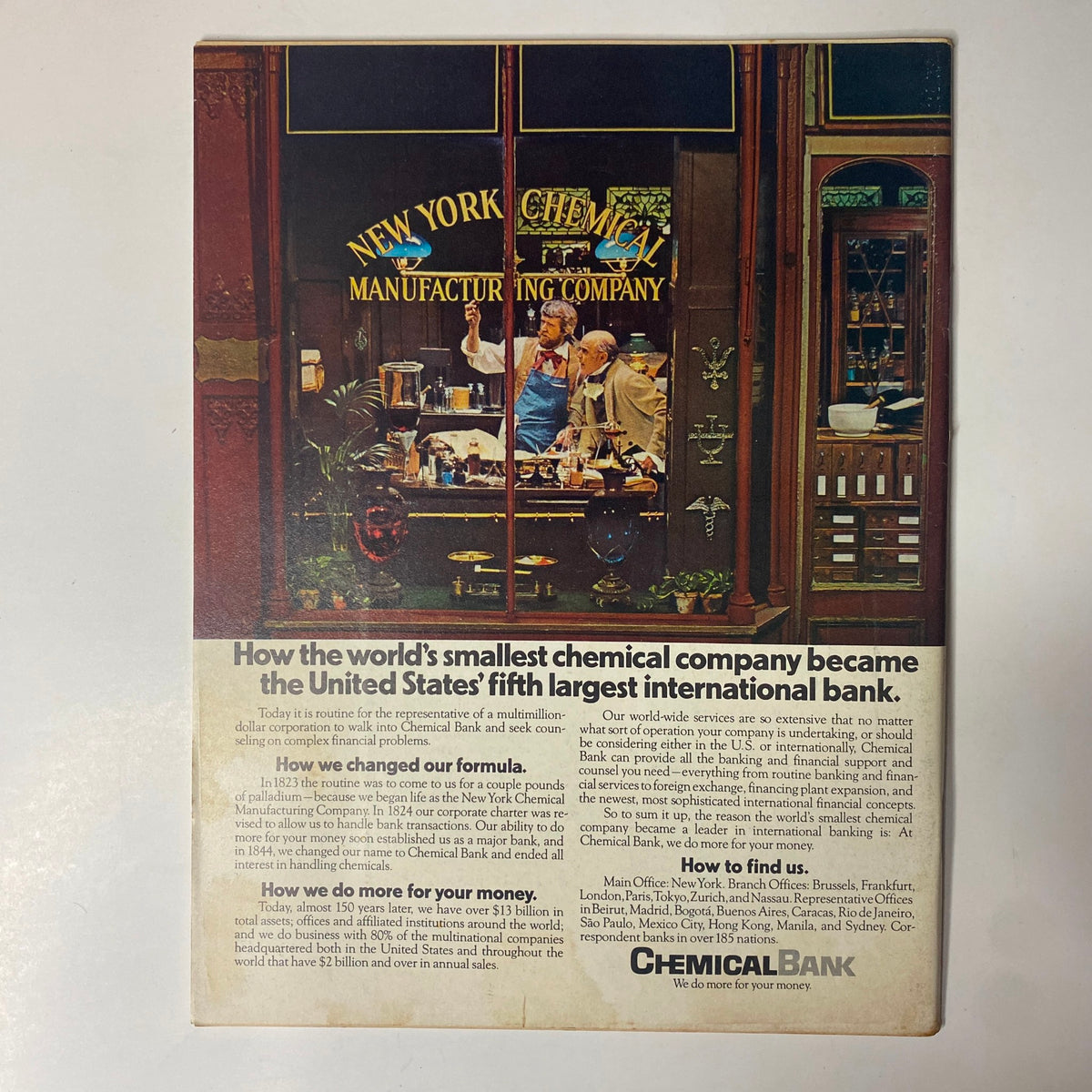Back cover of Forbes Magazine January 15, 1973, featuring an advertisement for Chemical Bank, showcasing its history and services as a leading financial institution.