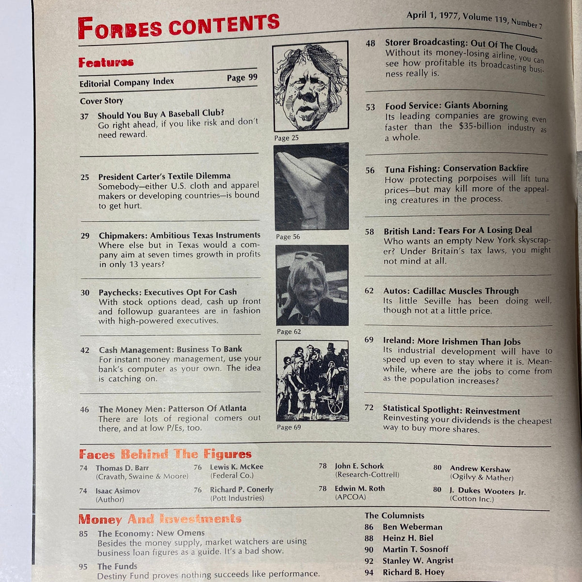 Forbes Magazine April 1, 1977, contents page highlighting articles including 'Should You Buy a Baseball Club?' and economic trends during the late 1970s.