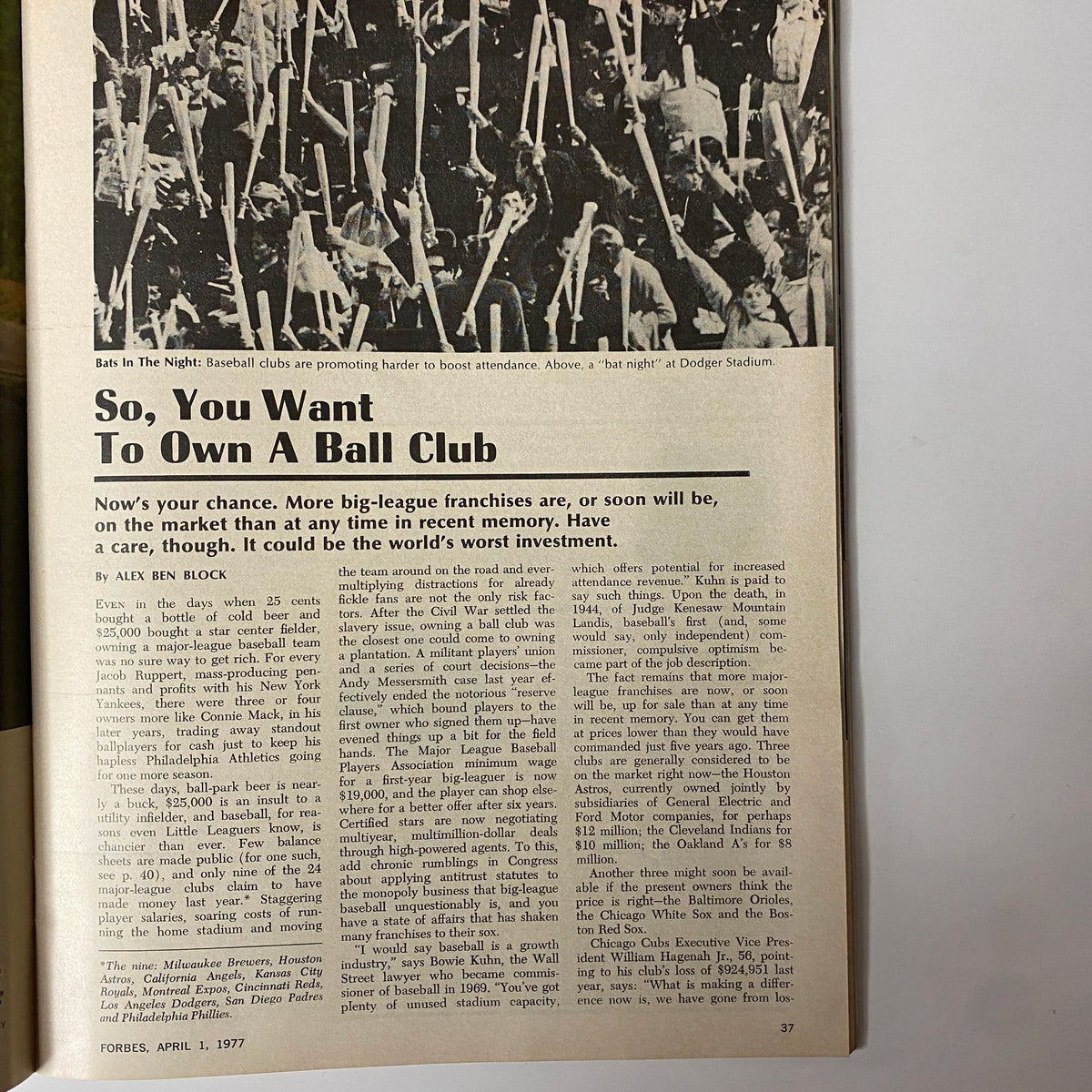 Forbes Magazine April 1, 1977 article titled 'So, You Want To Own A Ball Club?' featuring discussion on the financial implications and challenges of owning a baseball franchise.