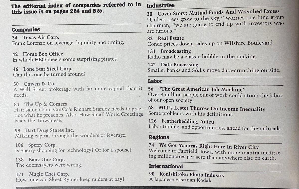 Editorial index from Forbes Magazine March 24, 1986, listing companies and industries discussed in the issue, including Texas Air Corp. and Home Box Office.