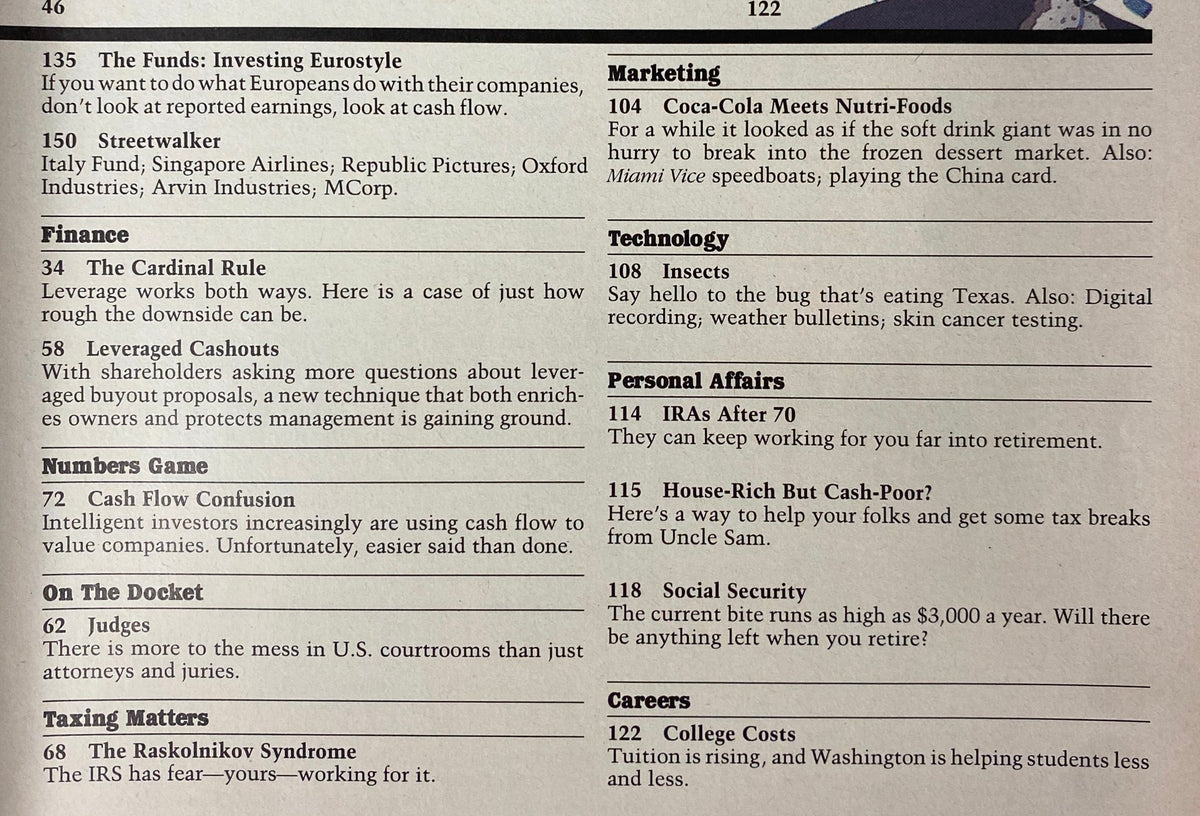 Another editorial index page from Forbes Magazine April 7, 1986, showcasing articles on marketing and personal affairs, illustrating the diverse content of this vintage issue.