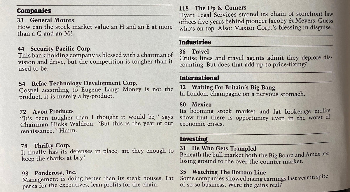 Page from Forbes Magazine April 21, 1986 showcasing company listings including General Motors and Avon Products, capturing the economic climate and business trends of the mid-1980s.