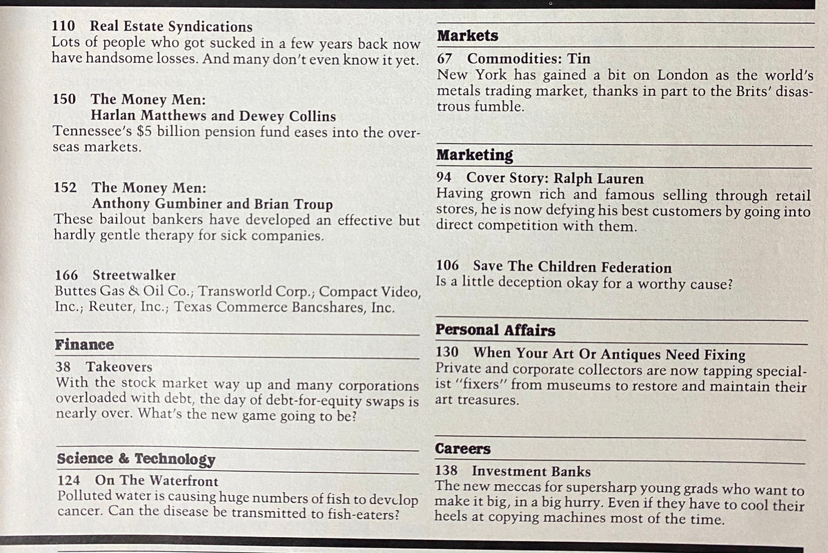 Another page from Forbes Magazine April 21, 1986 featuring articles on marketing and finance, including a cover story on Ralph Lauren, reflecting trends in American business during the 1980s.