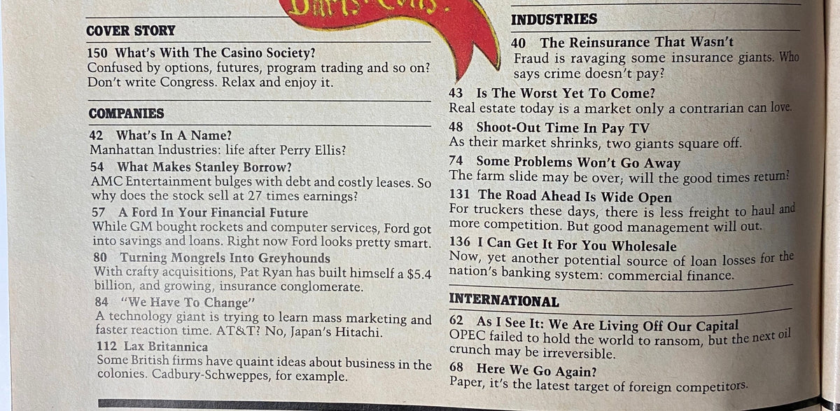Table of contents from the September 22, 1986 issue of Forbes Magazine, highlighting articles including the cover story 'What's with The Casino Society?' and features on companies and industries.