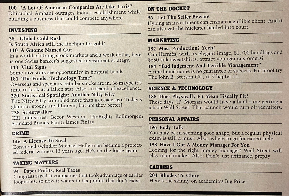 Page from the September 22, 1986 edition of Forbes Magazine, showcasing various articles including financial investments, marketing insights, and discussions on economic implications related to the cover story 'What's with The Casino Society?'.