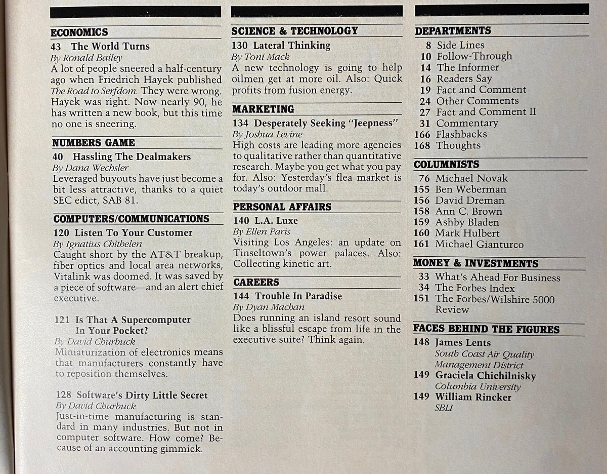 Contents page of Forbes Magazine May 15, 1989, featuring articles on economics, marketing, and personal affairs, showcasing a snapshot of business insights from the late 1980s.
