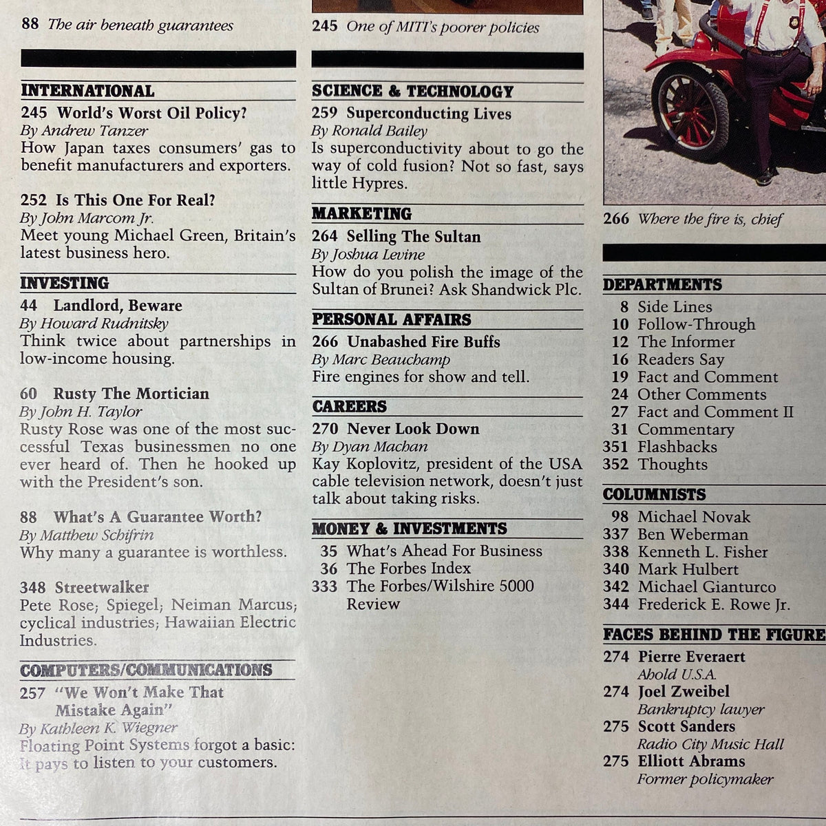 Page from Forbes Magazine July 24, 1989, featuring articles on international business and investments related to the cover story 'The World's Billionaires'.