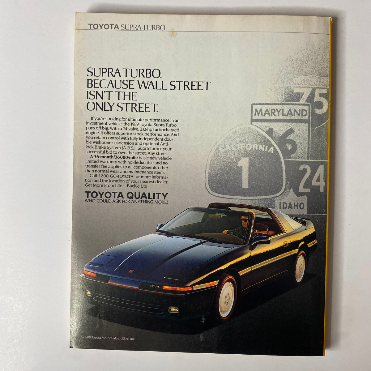Forbes Magazine July 24, 1989, featuring an advertisement for the 1989 Toyota Supra Turbo highlighting performance and investment value.
