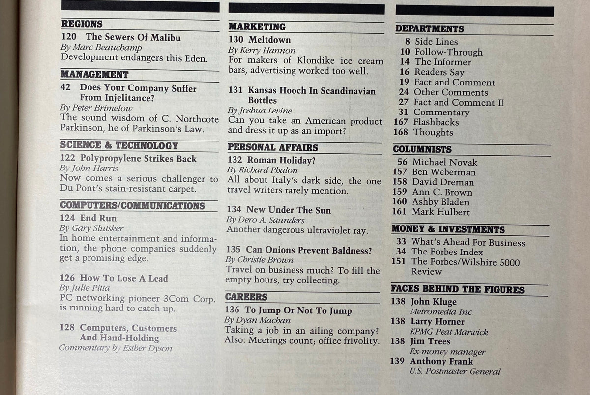 Index page of Forbes Magazine August 7, 1989, featuring article titles such as 'The Sewers of Malibu' and 'Does Your Company Suffer From Injelitance?'.