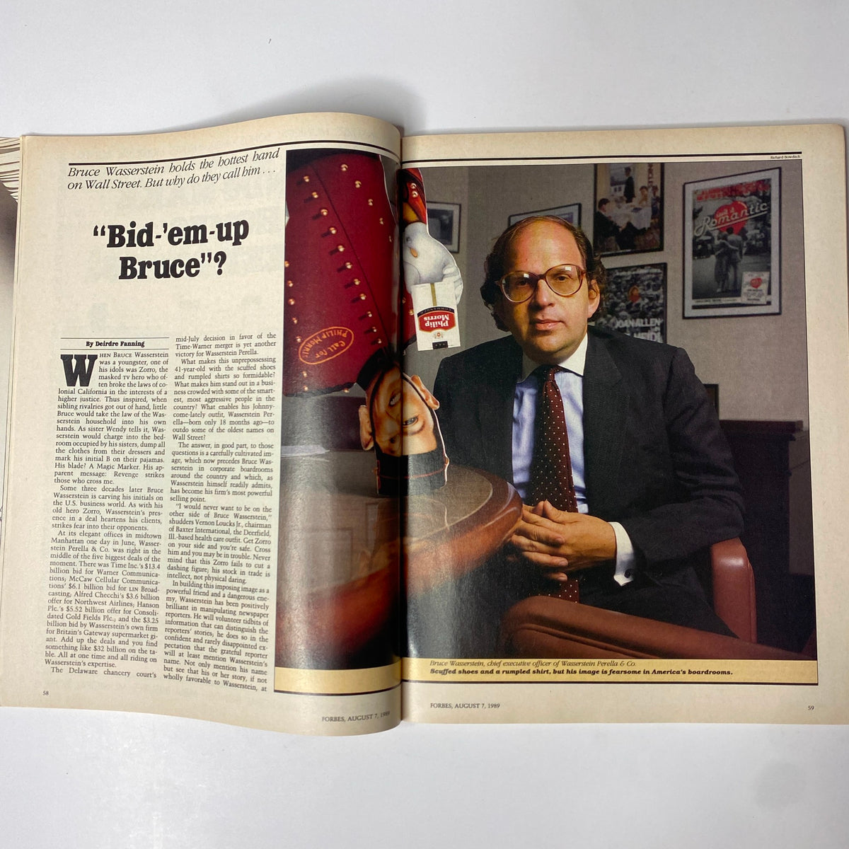 Feature page of Forbes Magazine August 7, 1989, highlighting Bruce Wasserstein with the title 'Bid-'em-up Bruce' discussing his influence on Wall Street.
