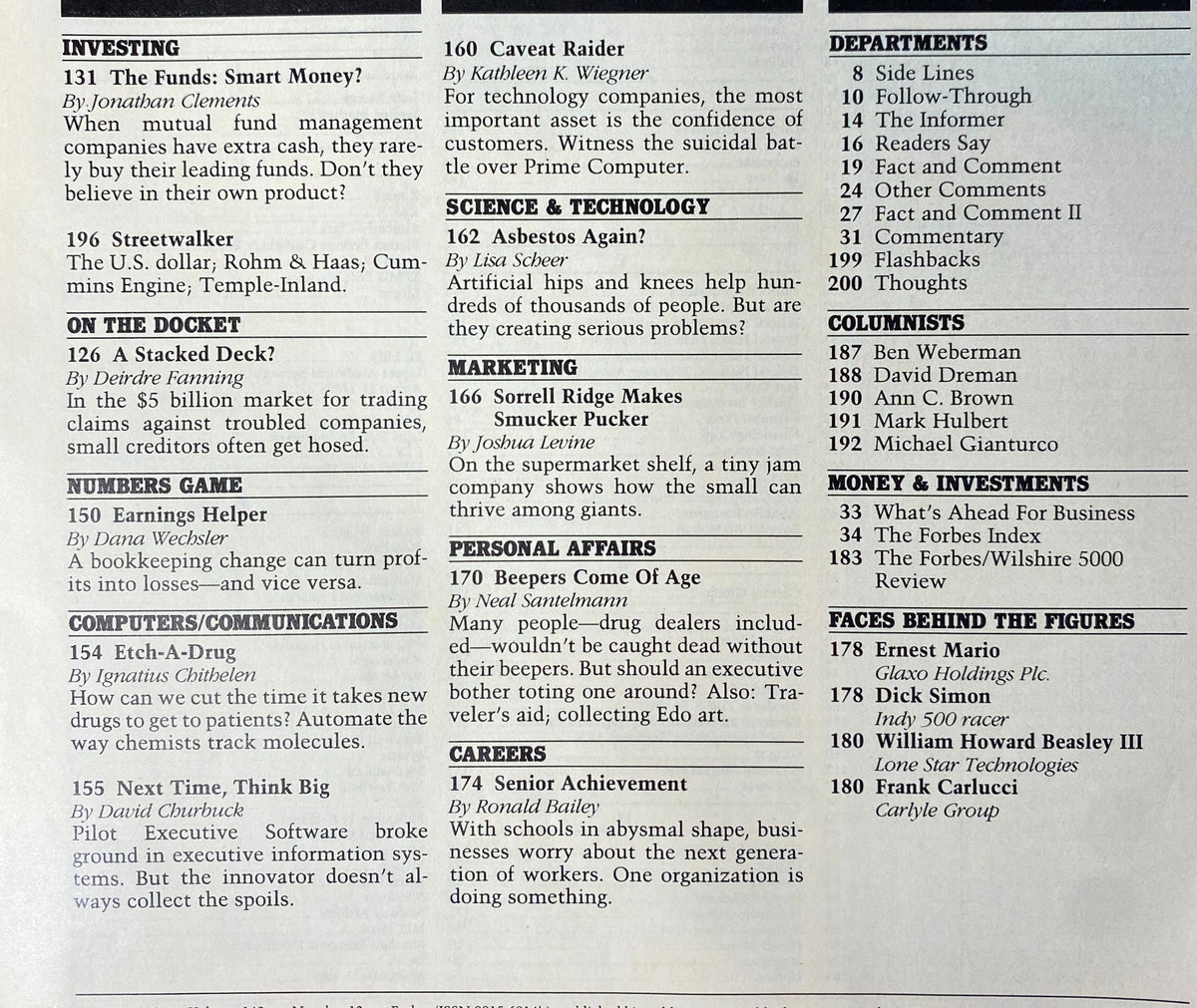Inside page of Forbes Magazine June 12, 1989 featuring various articles on investing and marketing strategies.