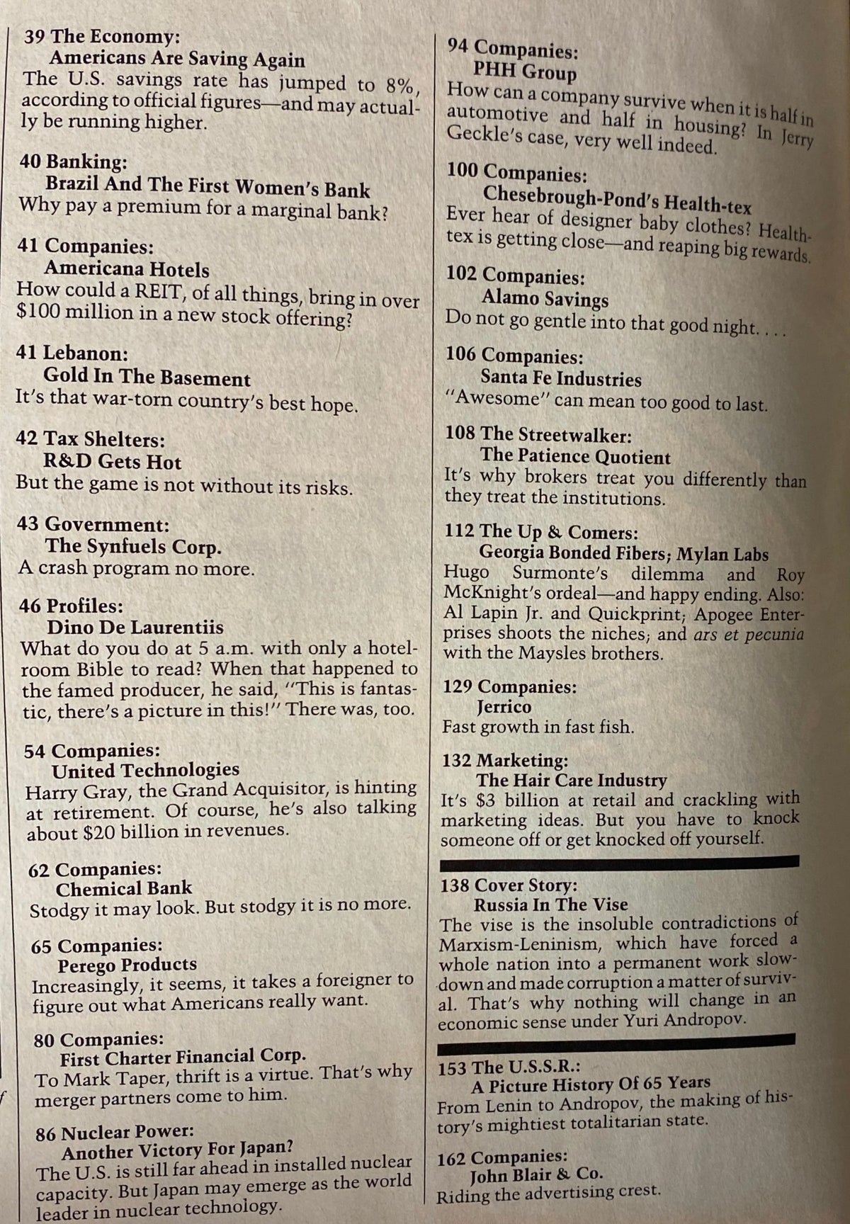 Inside page of Forbes Magazine from December 6, 1982, showcasing articles including 'The Economy: Americans Are Saving Again' and the cover story 'Russia In The Vise' discussing the economic landscape of the Soviet Union.
