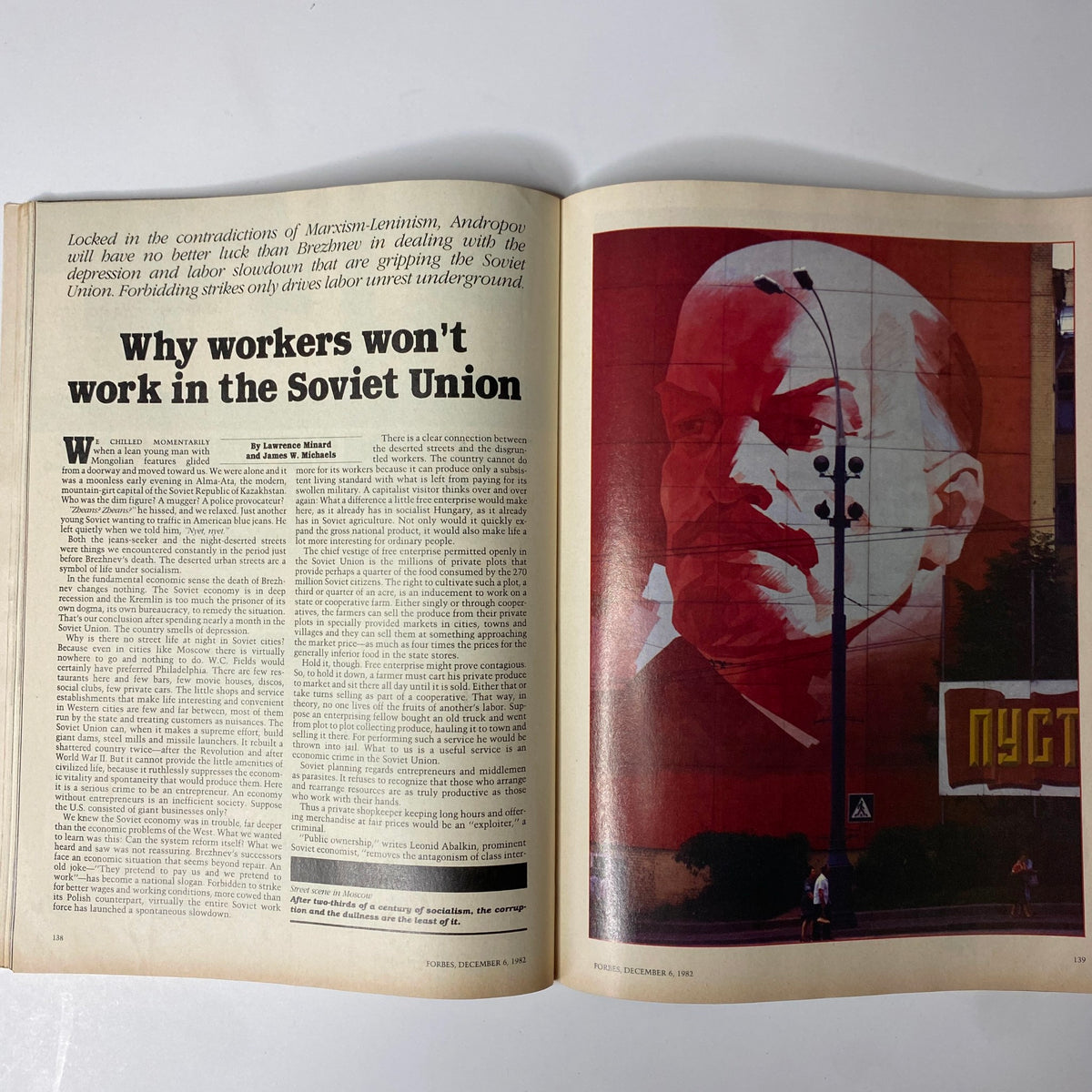 Main article from Forbes Magazine December 6, 1982 titled "Why workers won't work in the Soviet Union" examining labor issues within the context of Marxism-Leninism.