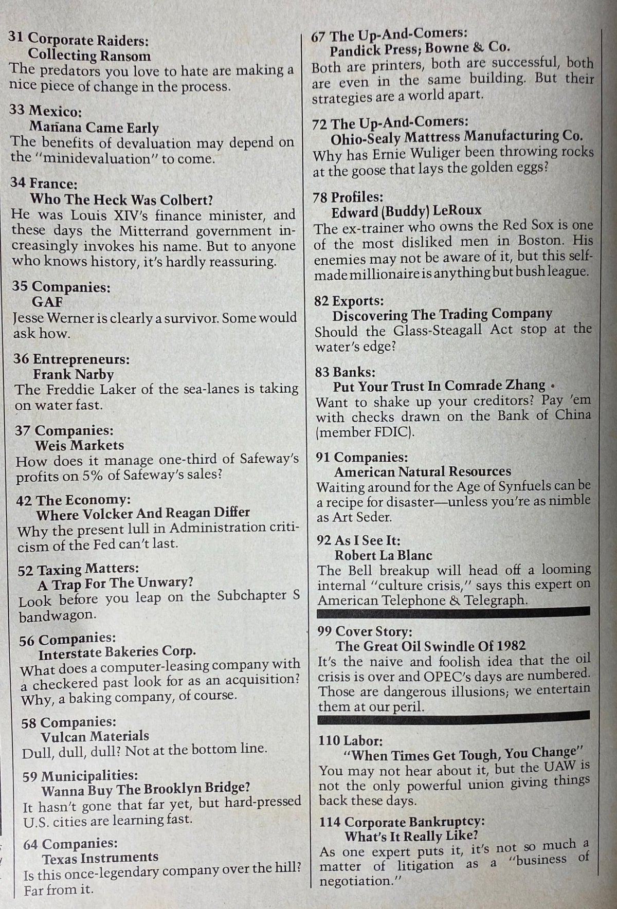 Interior page of Forbes Magazine from March 15, 1982, listing contents. This page includes various articles, including 'Corporate Raiders: Collecting Ransom' and 'The Economy: Where Volcker and Reagan Differ,' providing an overview of the economic landscape during a pivotal time in business history.