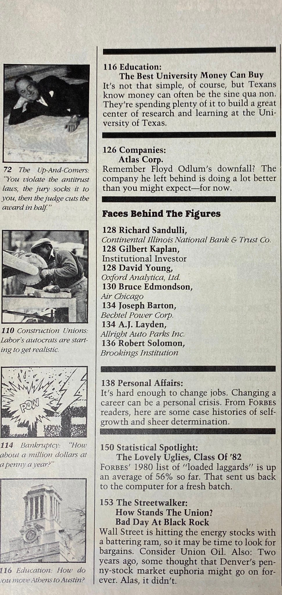 Inside page feature from Forbes Magazine March 15, 1982 highlighting corporate figures and educational investment insights, related to 'The Great Oil Swindle of 1982.'