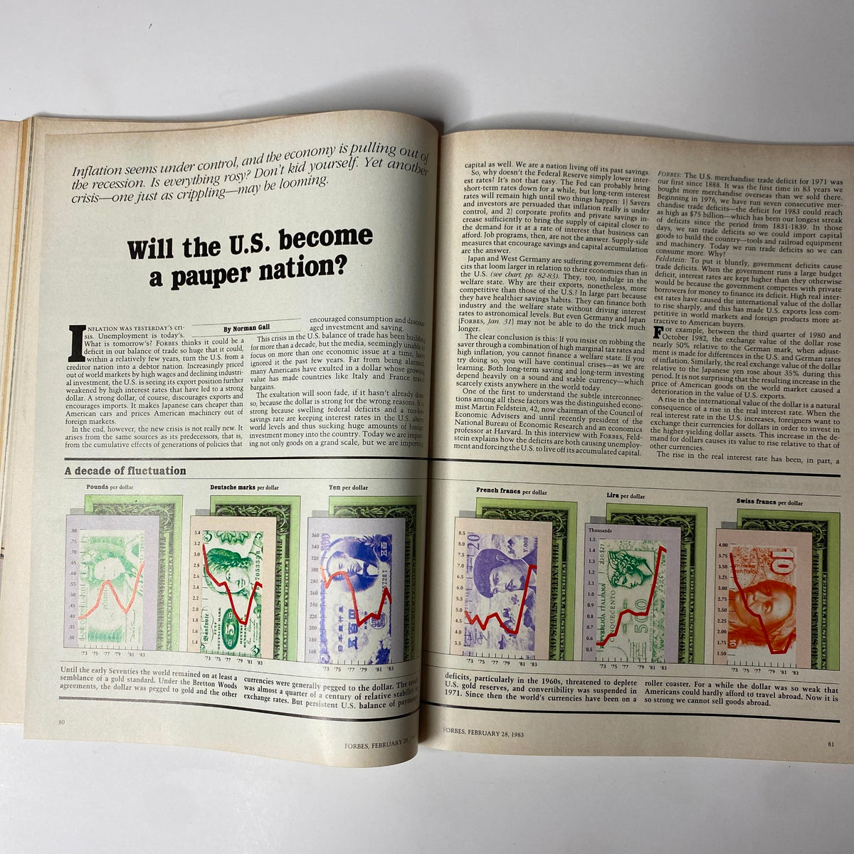 Page from Forbes Magazine February 28, 1983 featuring the cover story 'Will the U.S. become a pauper nation?' discussing economic concerns and trade deficits.