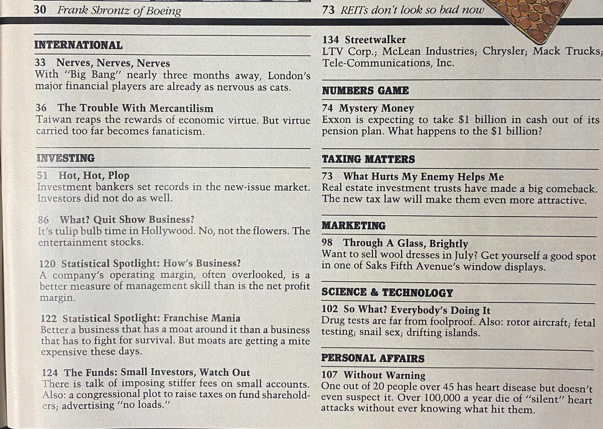 Article index page from Forbes Magazine August 11, 1986, detailing content relating to corporate and investment topics including the challenges faced by Boeing and Motorola.
