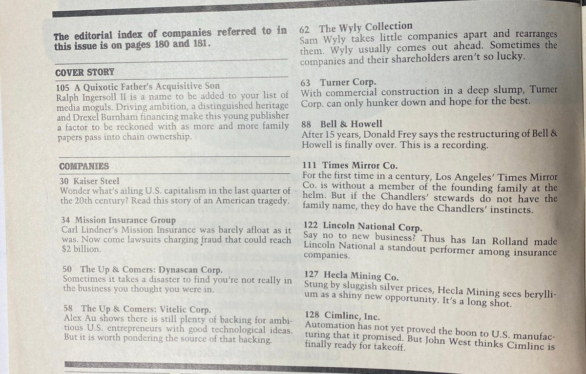 Editorial index of companies featured in Forbes Magazine October 20, 1986, highlighting the cover story 'A Quixotic Father's Acquisitive Son' about Ralph Ingersoll II.