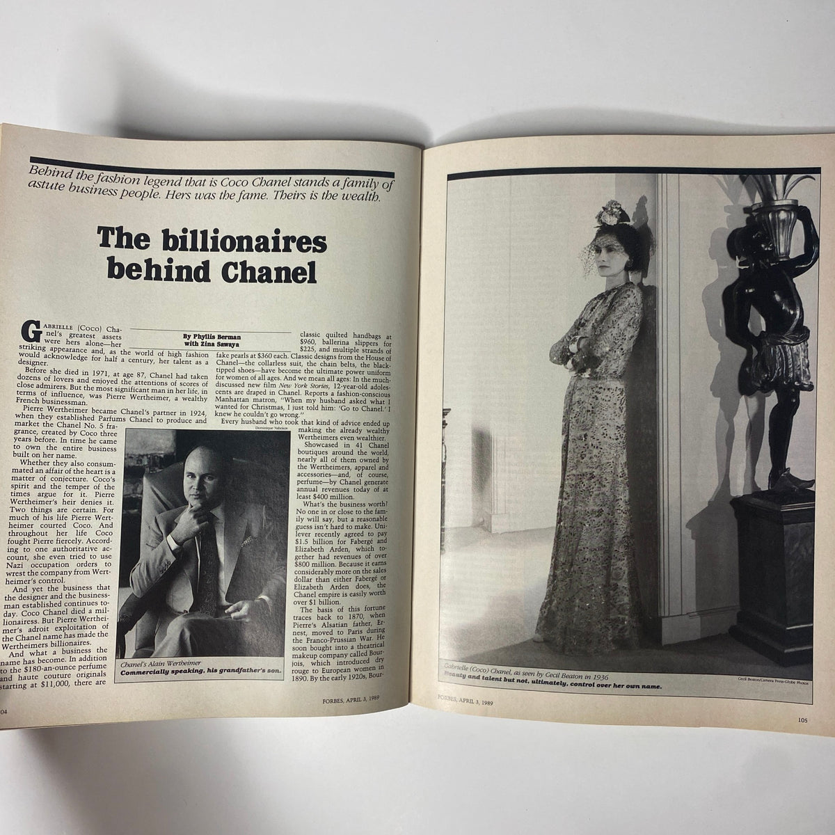 Inside spread of Forbes Magazine April 3, 1989, showcasing an article titled 'The Billionaires Behind Chanel,' exploring the business legacy of Alain Wertheimer and the impact of Coco Chanel on fashion.