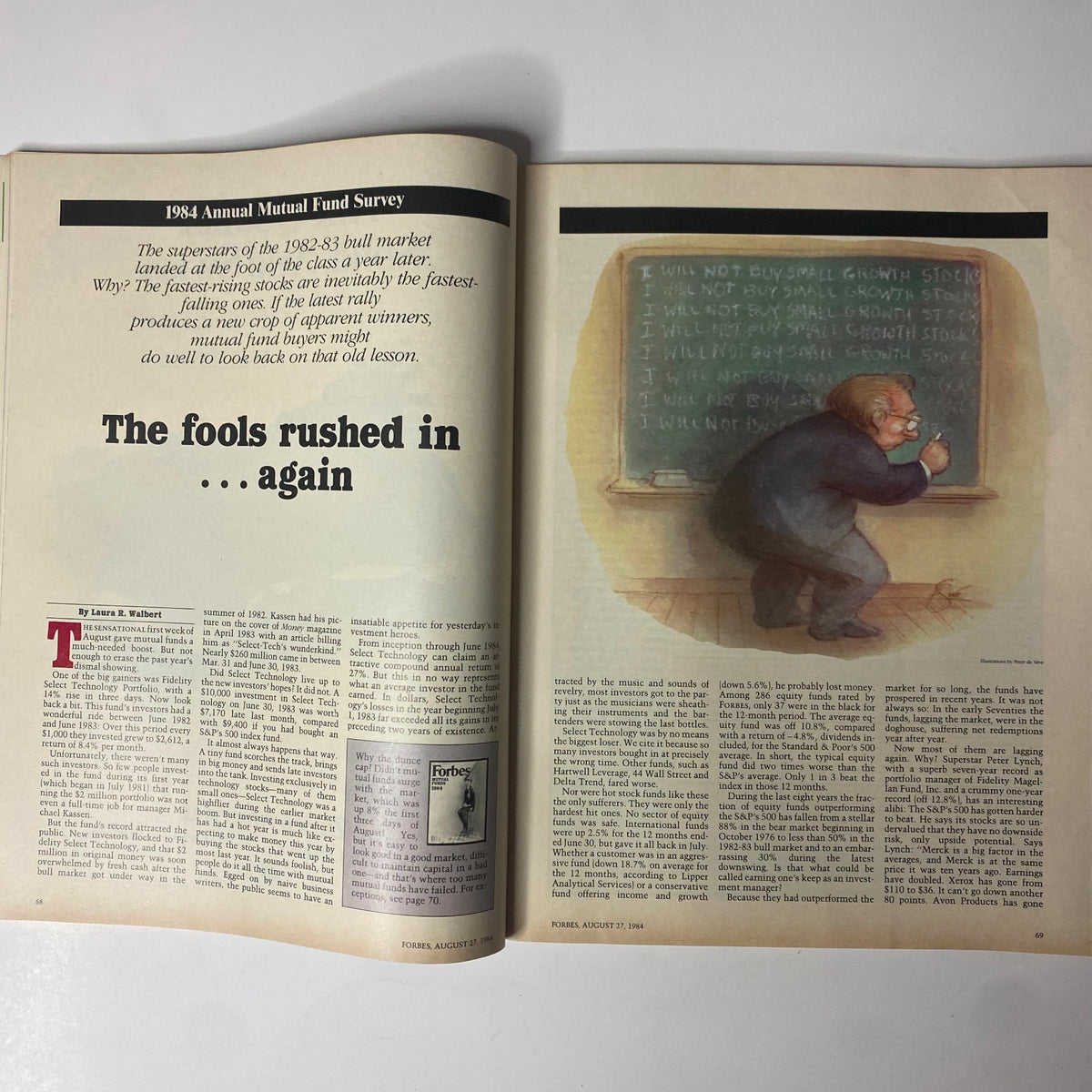 Interior page from Forbes Magazine, August 27, 1984, featuring the article titled 'The fools rushed in... again' from the 1984 Annual Mutual Fund Survey, discussing investment pitfalls with an illustration of a man at a chalkboard.